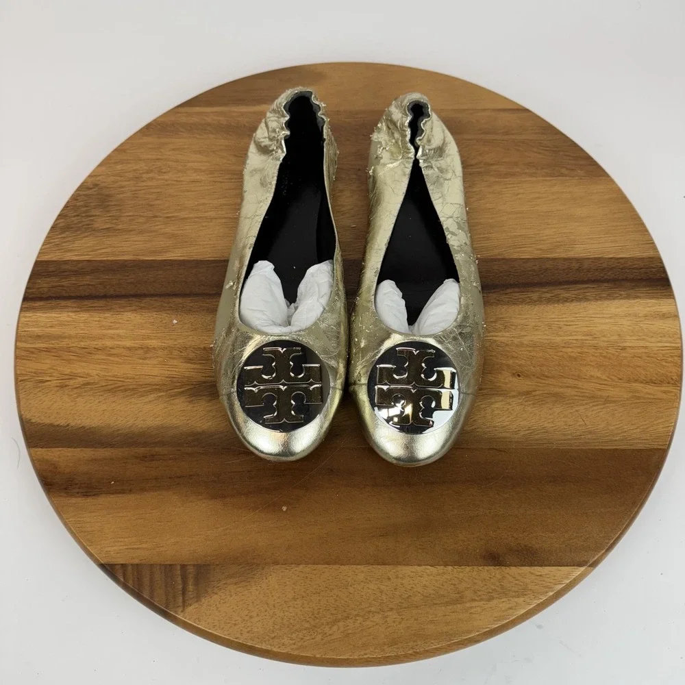 Womens Tory Burch Claire Cap Toe Metallic Gold Leather Ballet Flats‎ Size 9.5 M